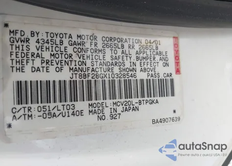 2001 Lexus Es 300 from USA, damaged, VIN JT8BF28GX10328546